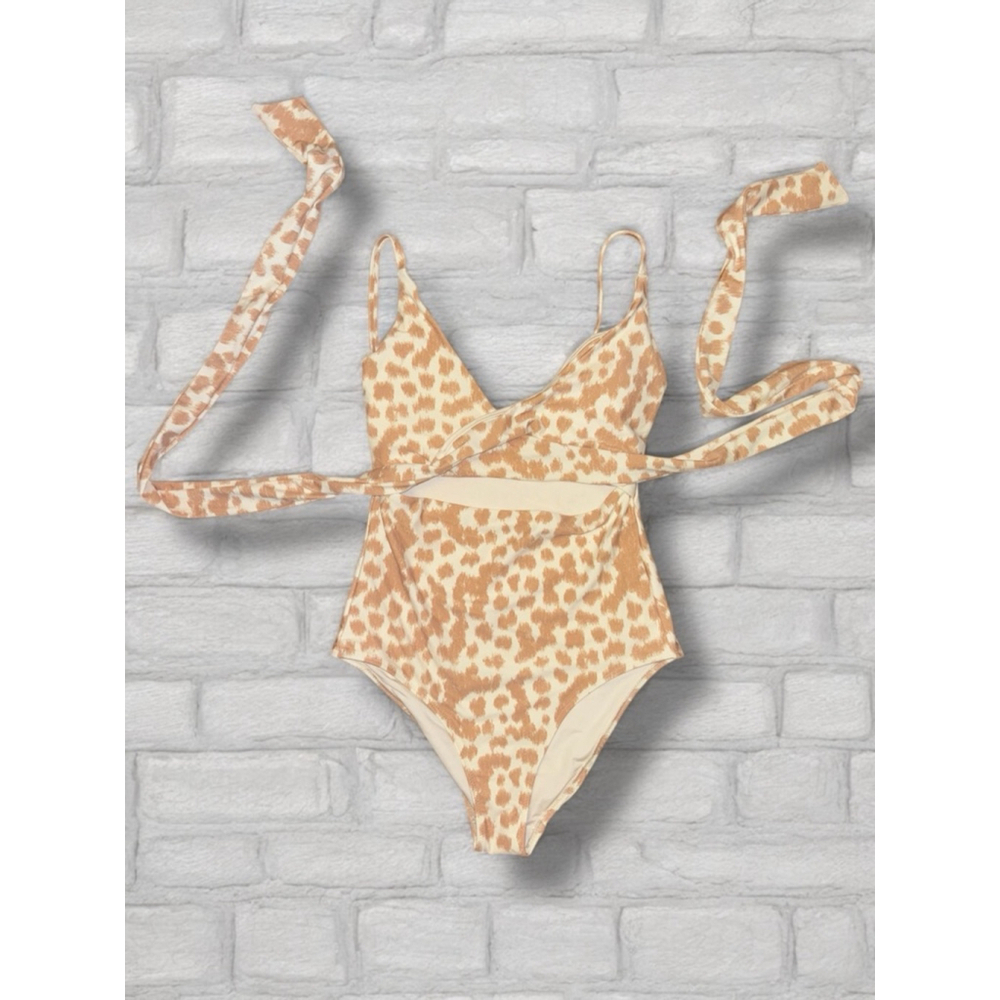 Aerie Women’s Size Small Cream Brown Animal Print Front Tie Cutout Wrap Swimsuit
